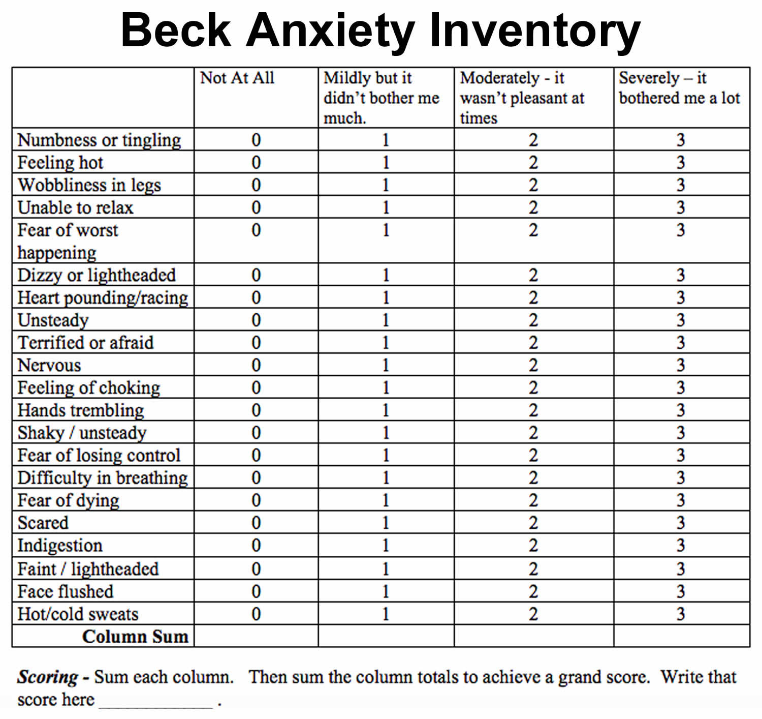 beck anxiety inventory printable
